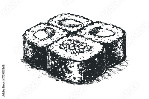 Sketch of four sushi rolls with visible rice and fillings. Vector hand drawn illustration