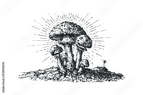 Amanita mushrooms growing on a mound of earth with sunburst lines. Vector hand drawn illustration