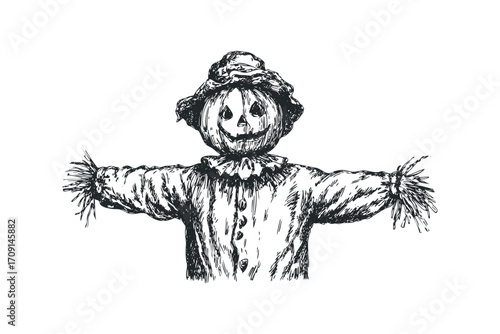 Scarecrow with pumpkin head and straw arms. Vector hand drawn illustration