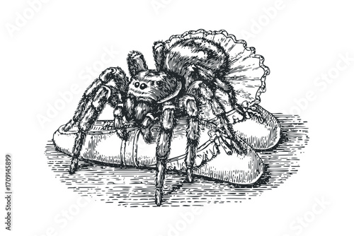 Spider resting on tiny baby shoes with ruffled trim. Vector hand drawn illustration