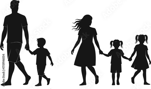 Family silhouette illustration, parents walking with children holding hands, mother father son daughters, family bonding vector, parenting concept, black white design