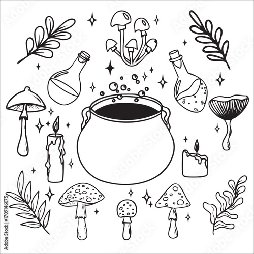 Hand drawn vector doodle set of Halloween witch items for making potion in cauldron, clip art