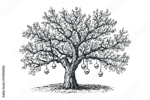 Ink drawing of a tree with skulls hanging from branches on a transparent background. Vector hand drawn illustration