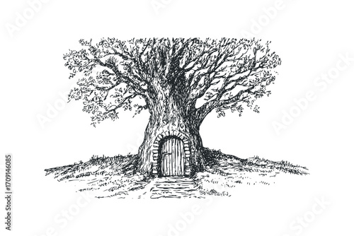 Fantasy ancient tree with arched doorway and cobblestone path,. Vector hand drawn illustration