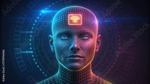 Futuristic cyborg woman with glowing circuit patterns and a processor on her forehead