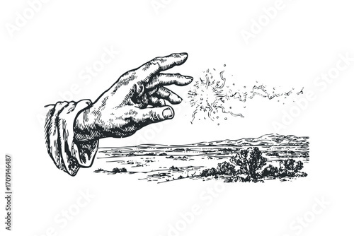 Hand conjuring energy burst above desert landscape. Vector hand drawn illustration