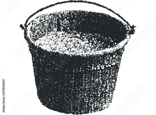 Gritty textured bucket with handle isolated on white, black and white graphic. Vector hand drawn illustration