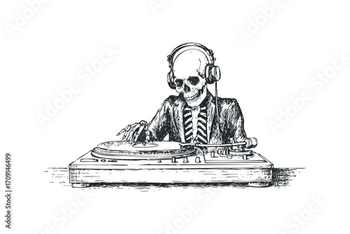 Skeleton DJ wearing headphones and suit spinning vinyl record on turntables. Vector hand drawn illustration