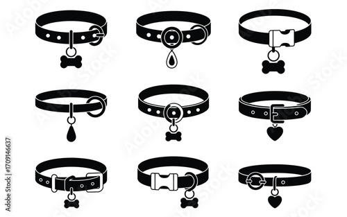 Dog Collar Silhouette Bundle,  Vector Pet Accessories with Stylish Neck Designs, Tags, Leashes, and DIY Elements for Branding, Pet Shops, Logos, Crafts, and Print Projects