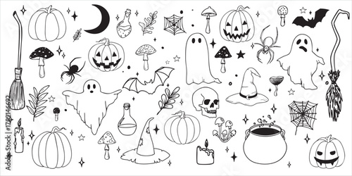 Hand drawn vector doodle set of isolated Halloween design items