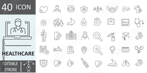 Healthcare Line Editable Icons set. Medicine and Health Care symbols. Emergency, medical equipment, doctor, lab, virus, prescription. vector Illustration Editable stroke..eps