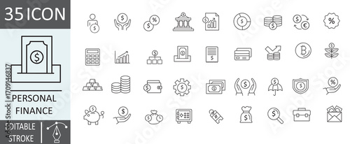 Personal Finance line icon set. Containing Finance, Strategy, Growth, money, income, Saving, investing, money management, etc Editable stroke, Vector illustration..eps