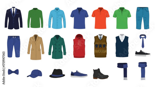 Men Clothing Icon Set – 20 Colorful Silhouette Fashion Vectors of Suits, Jackets, Shirts, Pants, Casual Wear