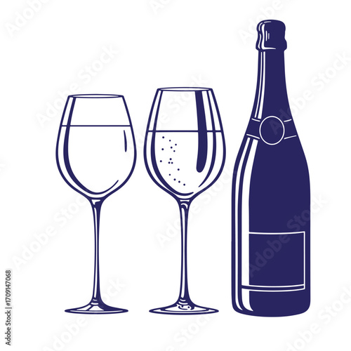 Elegant vector illustration of champagne bottle and wine glasses perfect for celebration and toasting