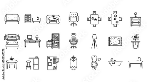 Black Line Furniture Icons – Aerial View Silhouette Vector Set of Chairs, Beds, Sofas, Tables, Interior Layout