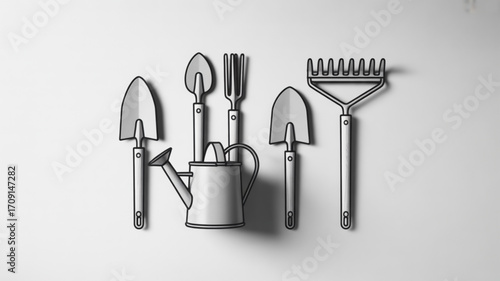 Gardening tools vector illustration featuring shovel, rake, watering can, and hand trowel for garden care