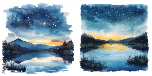 starry sky over a calm bay watercolor vector illustration