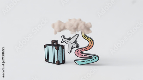 Travel destinations and vacation planning illustration with airplane and suitcase for holiday trip ideas