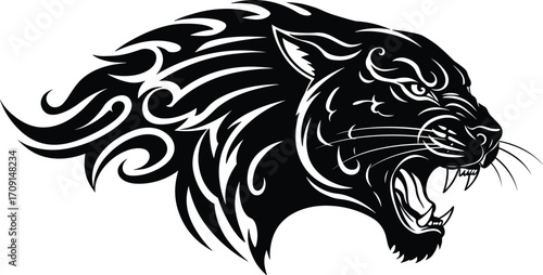 Fierce roaring panther tribal tattoo design, wild animal art, black ink illustration, aggressive predator, powerful feline, tribal style graphic.