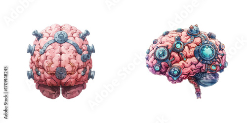 steampunk human brain watercolor vector illustration
