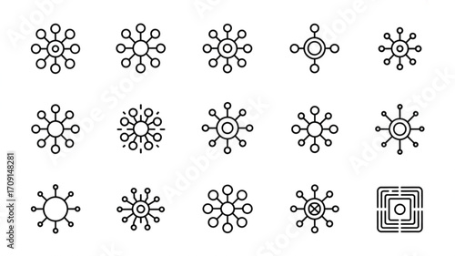 Collection of connection hub network node icons for data connectivity and technology solutions vector symbols