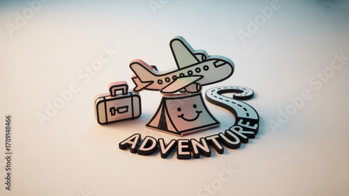 Adventure travel planning vacation trip with airplane camping and luggage for summer holiday concept