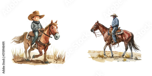 stockman on horseback watercolor vector illustration