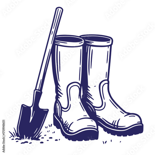 Garden tools illustration featuring rubber boots and shovel in a decorative line art style