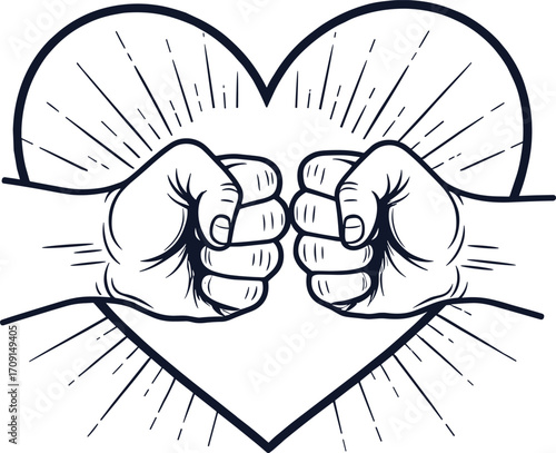 Fist bump vector, heart shape illustration, friendship unity artwork, teamwork love gesture, respect and trust connection, positive relationship design