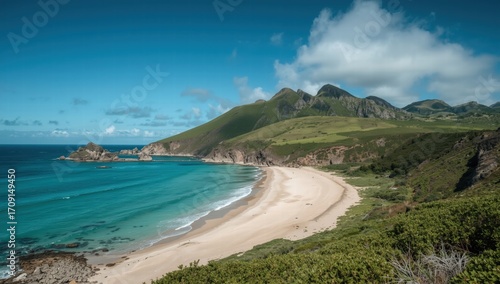 Fototapeta Naklejka Na Ścianę i Meble -  Beautiful caribbean beach with turquoise water, mountains, and blue sky. Suitable for travel blogs, tourism websites, vacation advertisements, and postcards.