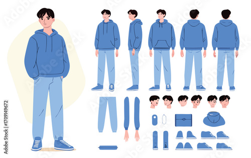 Teenage boy, student wearing korean style hoodie. Character constructor for animation. Front, side and back view set. Body parts, postures, poses collection. Vector illustration. 