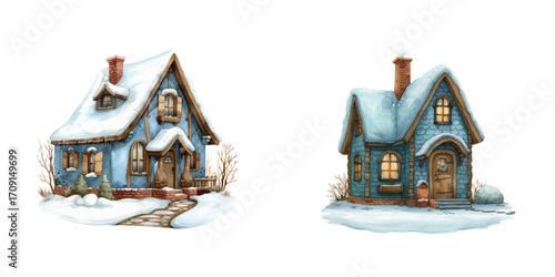 winter cottage watercolor vector illustration