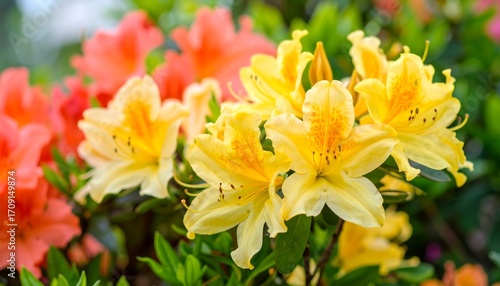 Close-up of vibrant yellow and orange azaleas