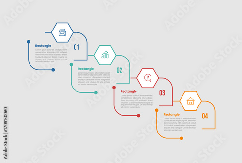 rectangle shape infographic diagram with open cut line container on ladder growth step with hexagon badge with 4 step for slide presentation