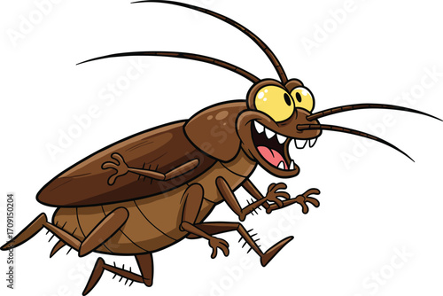 Funny cartoon cockroach illustration, hilarious insect character running with big eyes, animated bug vector, comic pest art for kids