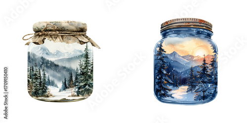 winter scene in jar watercolor vector illustration