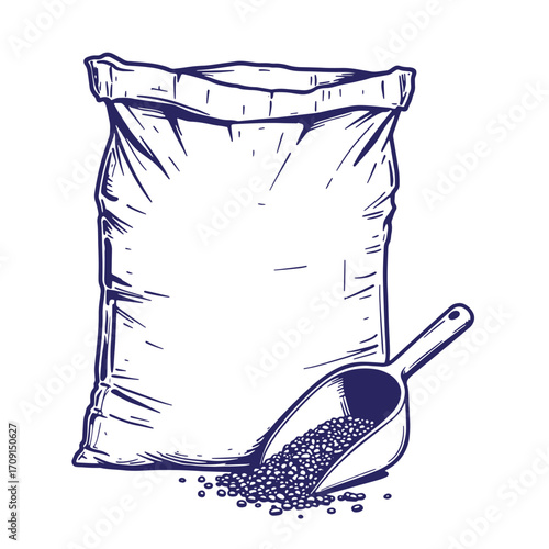 Hand drawn illustration of a full sack and scoop with grains or seeds isolated
