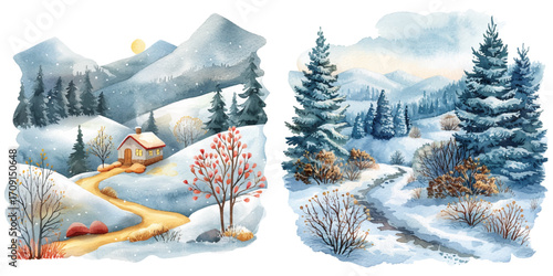 winter scene lanscape watercolor vector illustration