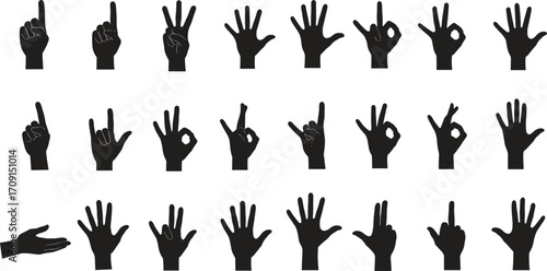Hand gesture silhouettes, black hand signs vector, finger positions, communication icons, body language symbols, isolated hand pose illustrations