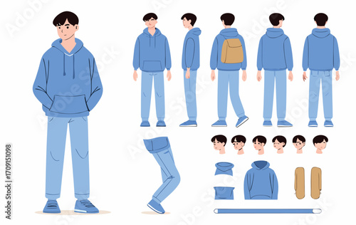 Teenage boy, student wearing korean style hoodie. Character constructor for animation. Front, side and back view set. Body parts, postures, poses collection. Vector illustration. 