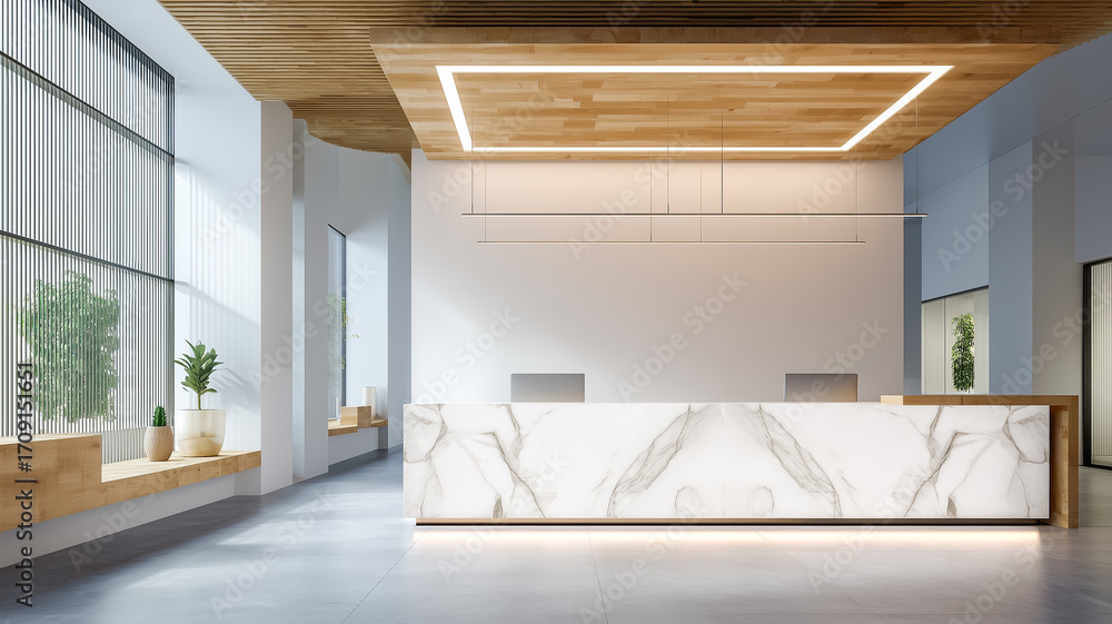 Fototapeta premium Lobby reception area with marble counter architecture and wood paneling style design