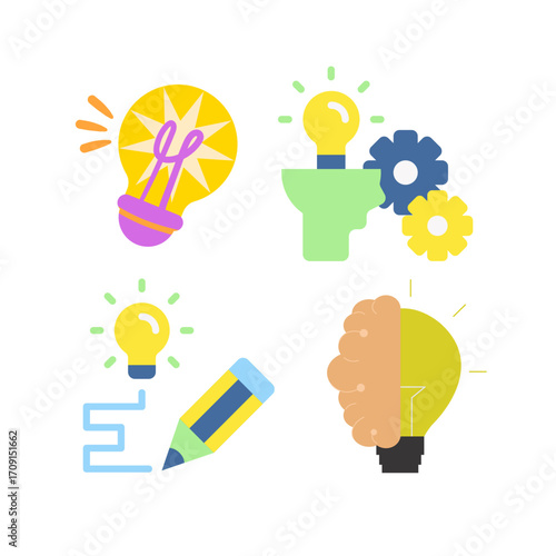 Flat design gear and light bulb icon for creativity and ideas