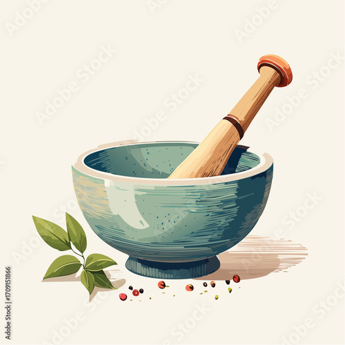 Suribachi Japanese mortar, surikogi pestle with fresh herbs and spices for culinary creations and natural remedies, ethnic traditional utensil