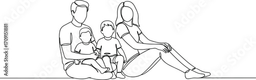 Happy family sitting together, father mother and two kids, continuous line drawing illustration, parenthood, bonding, parenting, minimalist design art