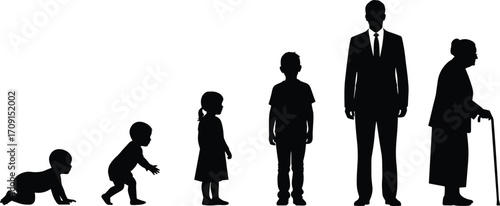Human life stages silhouette from baby crawling to elderly woman walking with cane, growth, aging, development, family, journey