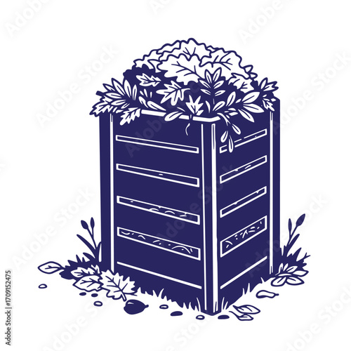 Illustrated compost bin filled with organic matter for sustainable gardening and composting