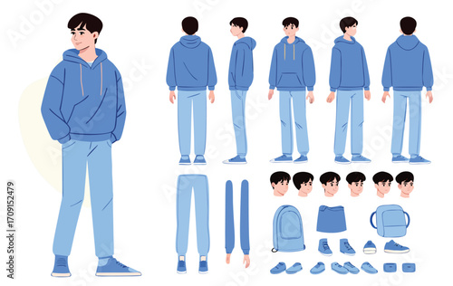 Teenage boy, student wearing korean style hoodie. Character constructor for animation. Front, side and back view set. Body parts, postures, poses collection. Vector illustration. 
