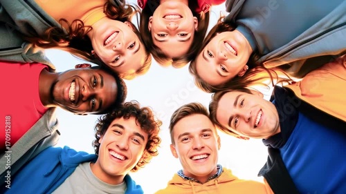 Group of cheerful young friends smiling together in a circle against a bright sky during a sunny day