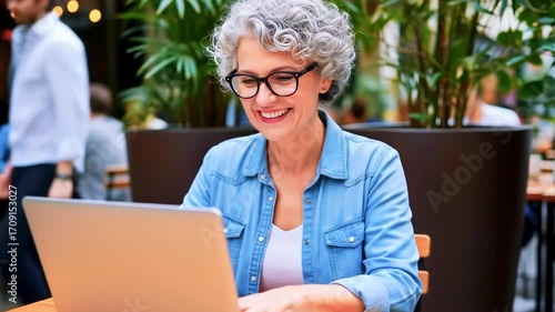 Senior woman working on a laptop in a vibrant café, surrounded by greenery and social interactions