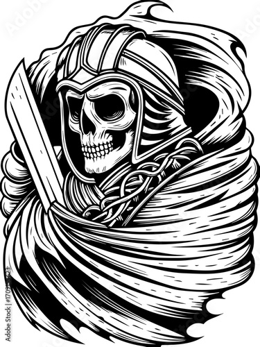 SVG skull tattoo design in a gothic, dark style. Fearsome Skull Knight Illustration with Sword and Cloak Design